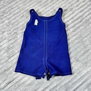 Vtg 60s 70s Baby Summer Shortalls Romper‎ Shorts Stork Embroidery 3-6mo